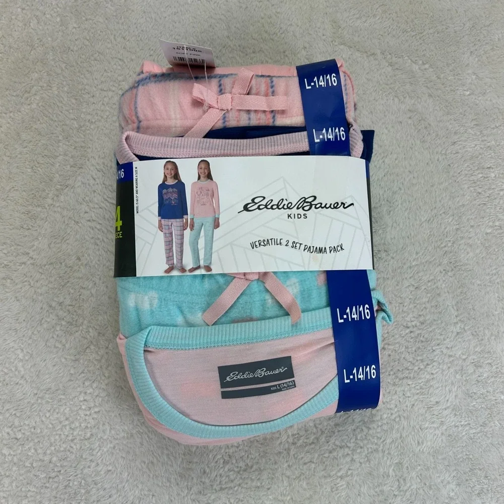 NWT Eddie Bauer Kids Pajama Set Girls L 14/16 Pink Blue Fleece 4 Piece Sleep Set